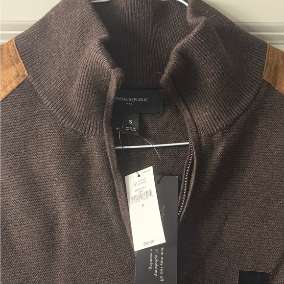 Banana Republic Chocolate Quarter-zip Sweater with Camel Patches - Picture 2 of 2